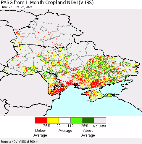 Ukraine, Moldova and Belarus PASG from 1-Month Cropland NDVI (VIIRS) Thematic Map For 12/19/2023 - 12/26/2023