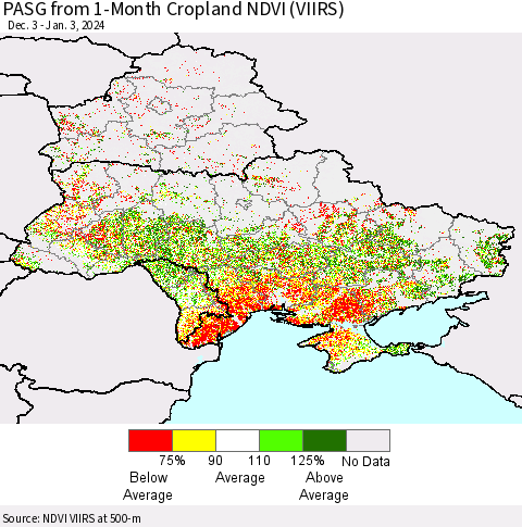 Ukraine, Moldova and Belarus PASG from 1-Month Cropland NDVI (VIIRS) Thematic Map For 12/27/2023 - 1/3/2024