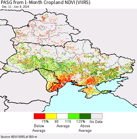 Ukraine, Moldova and Belarus PASG from 1-Month Cropland NDVI (VIIRS) Thematic Map For 1/1/2024 - 1/8/2024