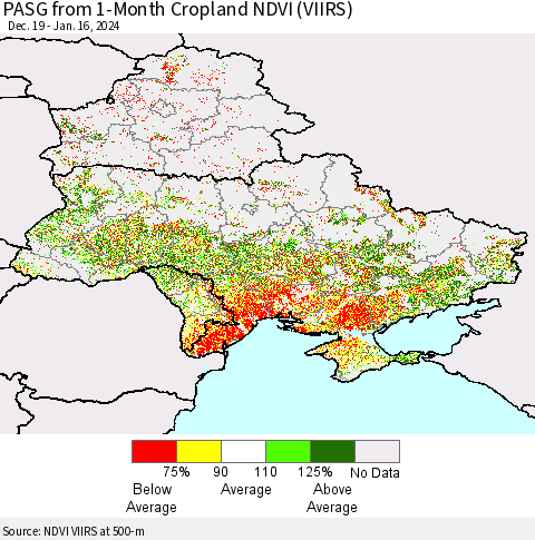Ukraine, Moldova and Belarus PASG from 1-Month Cropland NDVI (VIIRS) Thematic Map For 1/9/2024 - 1/16/2024