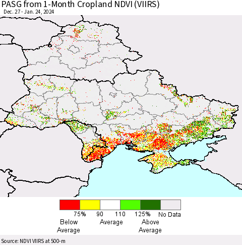 Ukraine, Moldova and Belarus PASG from 1-Month Cropland NDVI (VIIRS) Thematic Map For 1/17/2024 - 1/24/2024