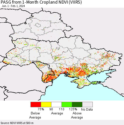 Ukraine, Moldova and Belarus PASG from 1-Month Cropland NDVI (VIIRS) Thematic Map For 1/25/2024 - 2/1/2024