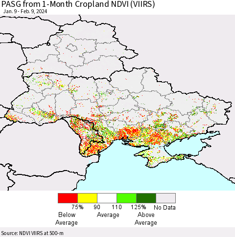 Ukraine, Moldova and Belarus PASG from 1-Month Cropland NDVI (VIIRS) Thematic Map For 2/2/2024 - 2/9/2024