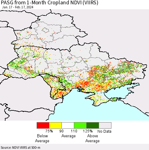 Ukraine, Moldova and Belarus PASG from 1-Month Cropland NDVI (VIIRS) Thematic Map For 2/10/2024 - 2/17/2024
