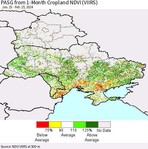 Ukraine, Moldova and Belarus PASG from 1-Month Cropland NDVI (VIIRS) Thematic Map For 2/18/2024 - 2/25/2024