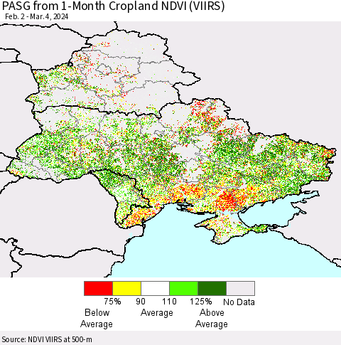 Ukraine, Moldova and Belarus PASG from 1-Month Cropland NDVI (VIIRS) Thematic Map For 2/26/2024 - 3/4/2024