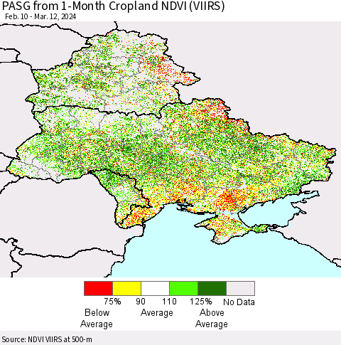 Ukraine, Moldova and Belarus PASG from 1-Month Cropland NDVI (VIIRS) Thematic Map For 3/5/2024 - 3/12/2024