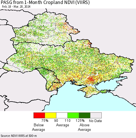 Ukraine, Moldova and Belarus PASG from 1-Month Cropland NDVI (VIIRS) Thematic Map For 3/13/2024 - 3/20/2024