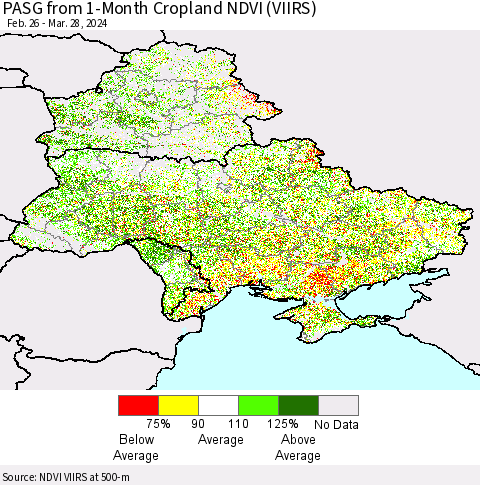 Ukraine, Moldova and Belarus PASG from 1-Month Cropland NDVI (VIIRS) Thematic Map For 3/21/2024 - 3/28/2024