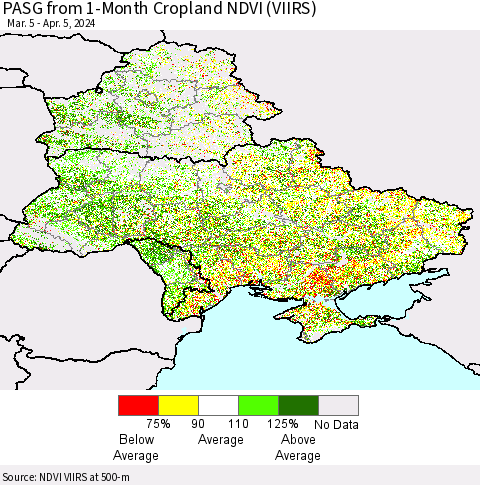 Ukraine, Moldova and Belarus PASG from 1-Month Cropland NDVI (VIIRS) Thematic Map For 3/29/2024 - 4/5/2024