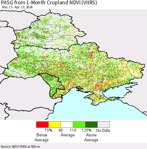 Ukraine, Moldova and Belarus PASG from 1-Month Cropland NDVI (VIIRS) Thematic Map For 4/6/2024 - 4/13/2024