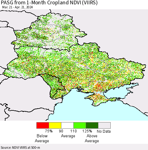 Ukraine, Moldova and Belarus PASG from 1-Month Cropland NDVI (VIIRS) Thematic Map For 4/14/2024 - 4/21/2024