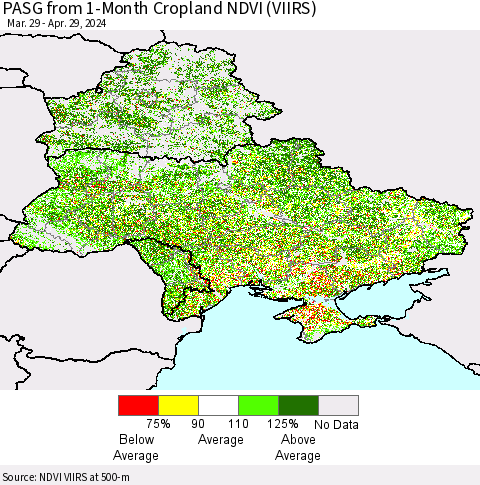 Ukraine, Moldova and Belarus PASG from 1-Month Cropland NDVI (VIIRS) Thematic Map For 4/22/2024 - 4/29/2024