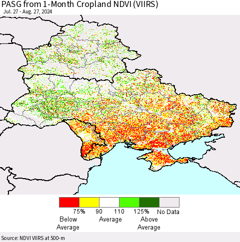 Ukraine, Moldova and Belarus PASG from 1-Month Cropland NDVI (VIIRS) Thematic Map For 8/20/2024 - 8/27/2024
