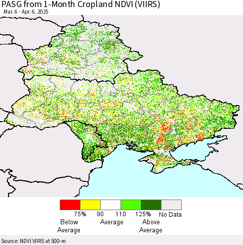 Ukraine, Moldova and Belarus PASG from 1-Month Cropland NDVI (VIIRS) Thematic Map For 3/30/2025 - 4/6/2025