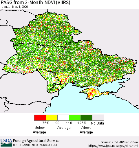 Ukraine, Moldova and Belarus PASG from 2-Month NDVI (VIIRS) Thematic Map For 3/1/2020 - 3/10/2020