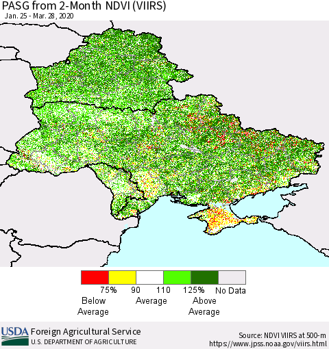 Ukraine, Moldova and Belarus PASG from 2-Month NDVI (VIIRS) Thematic Map For 3/21/2020 - 3/31/2020
