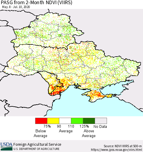 Ukraine, Moldova and Belarus PASG from 2-Month NDVI (VIIRS) Thematic Map For 7/1/2020 - 7/10/2020