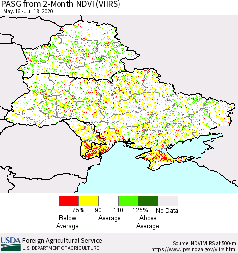 Ukraine, Moldova and Belarus PASG from 2-Month NDVI (VIIRS) Thematic Map For 7/11/2020 - 7/20/2020
