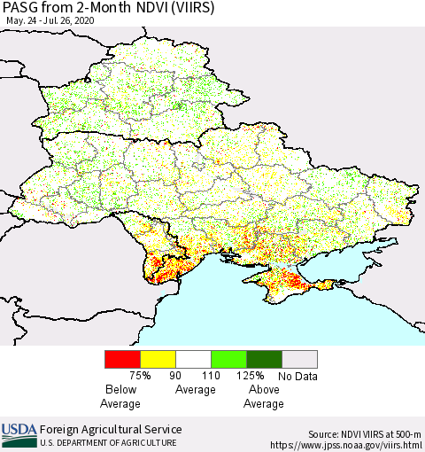Ukraine, Moldova and Belarus PASG from 2-Month NDVI (VIIRS) Thematic Map For 7/21/2020 - 7/31/2020