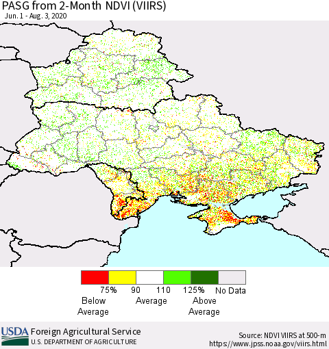 Ukraine, Moldova and Belarus PASG from 2-Month NDVI (VIIRS) Thematic Map For 8/1/2020 - 8/10/2020