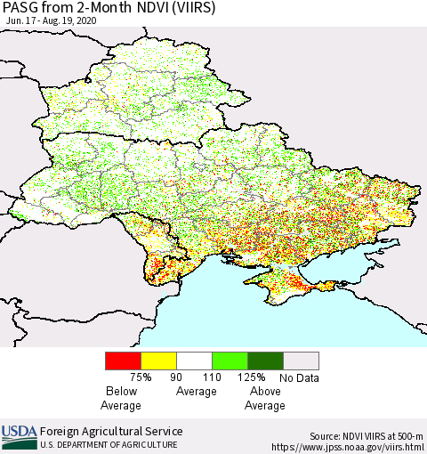 Ukraine, Moldova and Belarus PASG from 2-Month NDVI (VIIRS) Thematic Map For 8/11/2020 - 8/20/2020