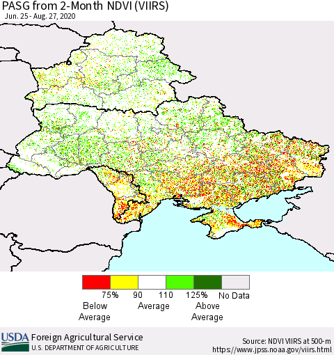 Ukraine, Moldova and Belarus PASG from 2-Month NDVI (VIIRS) Thematic Map For 8/21/2020 - 8/31/2020
