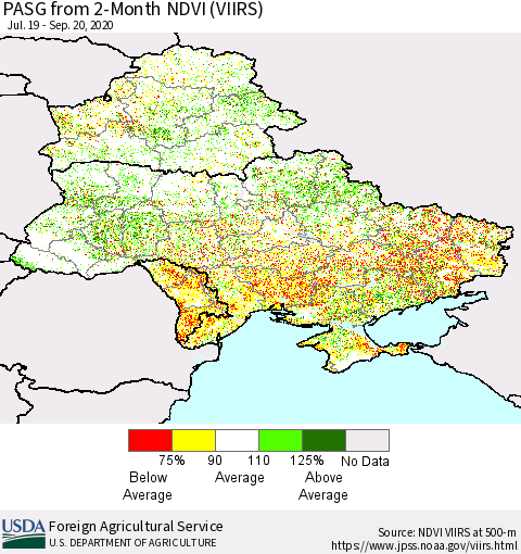 Ukraine, Moldova and Belarus PASG from 2-Month NDVI (VIIRS) Thematic Map For 9/11/2020 - 9/20/2020