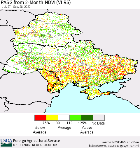 Ukraine, Moldova and Belarus PASG from 2-Month NDVI (VIIRS) Thematic Map For 9/21/2020 - 9/30/2020