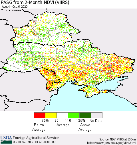 Ukraine, Moldova and Belarus PASG from 2-Month NDVI (VIIRS) Thematic Map For 10/1/2020 - 10/10/2020