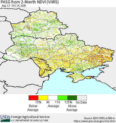 Ukraine, Moldova and Belarus PASG from 2-Month NDVI (VIIRS) Thematic Map For 10/11/2020 - 10/20/2020