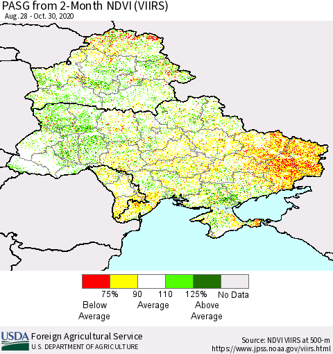 Ukraine, Moldova and Belarus PASG from 2-Month NDVI (VIIRS) Thematic Map For 10/21/2020 - 10/31/2020