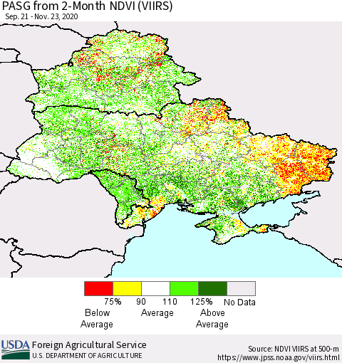 Ukraine, Moldova and Belarus PASG from 2-Month NDVI (VIIRS) Thematic Map For 11/21/2020 - 11/30/2020