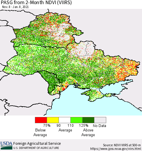 Ukraine, Moldova and Belarus PASG from 2-Month NDVI (VIIRS) Thematic Map For 1/1/2021 - 1/10/2021