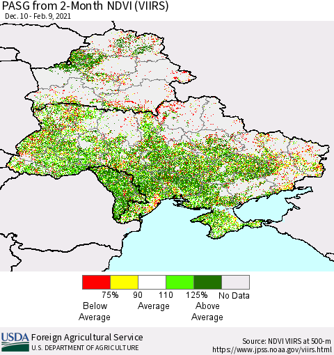 Ukraine, Moldova and Belarus PASG from 2-Month NDVI (VIIRS) Thematic Map For 2/1/2021 - 2/10/2021