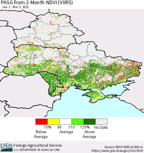 Ukraine, Moldova and Belarus PASG from 2-Month NDVI (VIIRS) Thematic Map For 3/1/2021 - 3/10/2021