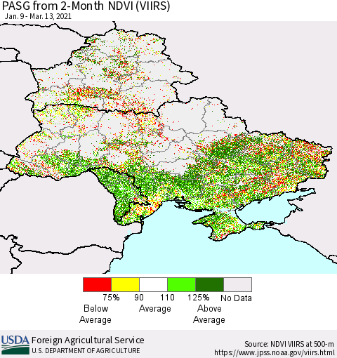 Ukraine, Moldova and Belarus PASG from 2-Month NDVI (VIIRS) Thematic Map For 3/11/2021 - 3/20/2021