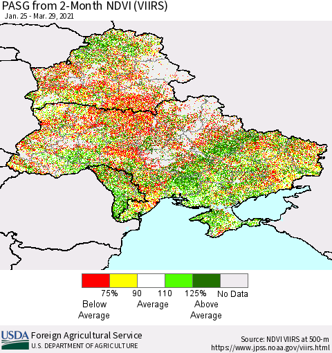 Ukraine, Moldova and Belarus PASG from 2-Month NDVI (VIIRS) Thematic Map For 3/21/2021 - 3/31/2021