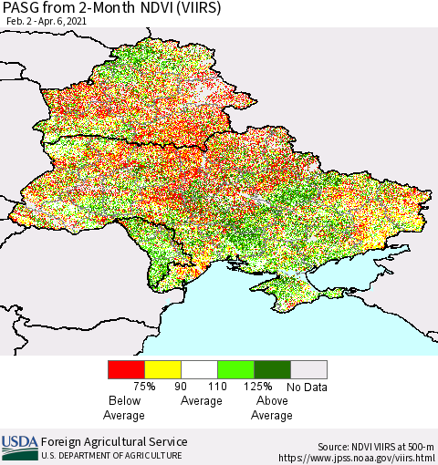 Ukraine, Moldova and Belarus PASG from 2-Month NDVI (VIIRS) Thematic Map For 4/1/2021 - 4/10/2021