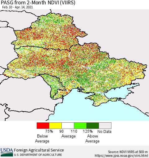 Ukraine, Moldova and Belarus PASG from 2-Month NDVI (VIIRS) Thematic Map For 4/11/2021 - 4/20/2021