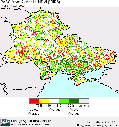 Ukraine, Moldova and Belarus PASG from 2-Month NDVI (VIIRS) Thematic Map For 5/1/2021 - 5/10/2021
