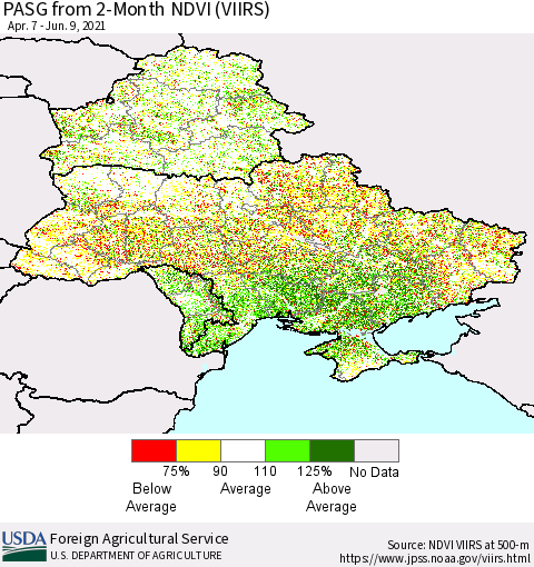 Ukraine, Moldova and Belarus PASG from 2-Month NDVI (VIIRS) Thematic Map For 6/1/2021 - 6/10/2021