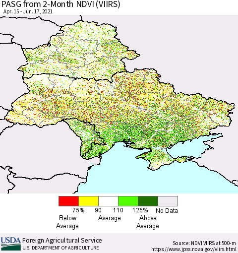 Ukraine, Moldova and Belarus PASG from 2-Month NDVI (VIIRS) Thematic Map For 6/11/2021 - 6/20/2021