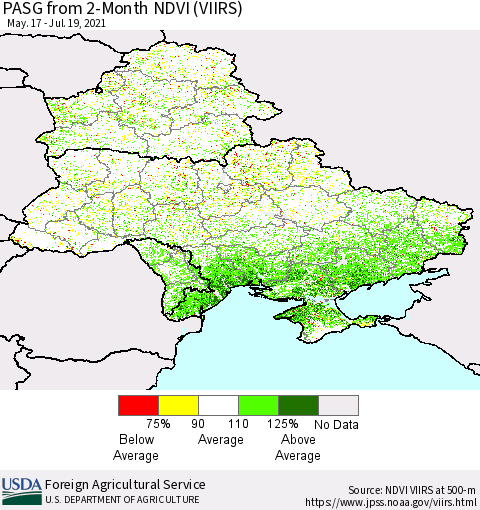 Ukraine, Moldova and Belarus PASG from 2-Month NDVI (VIIRS) Thematic Map For 7/11/2021 - 7/20/2021