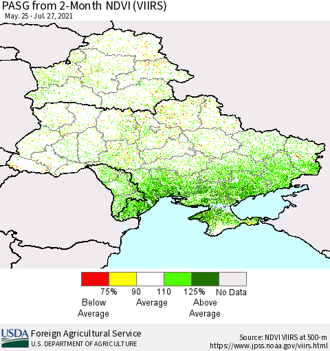 Ukraine, Moldova and Belarus PASG from 2-Month NDVI (VIIRS) Thematic Map For 7/21/2021 - 7/31/2021