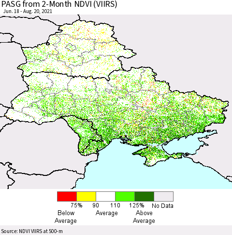 Ukraine, Moldova and Belarus PASG from 2-Month NDVI (VIIRS) Thematic Map For 8/11/2021 - 8/20/2021