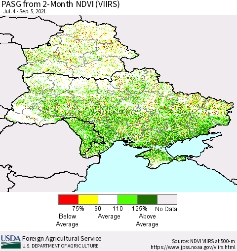 Ukraine, Moldova and Belarus PASG from 2-Month NDVI (VIIRS) Thematic Map For 9/1/2021 - 9/10/2021