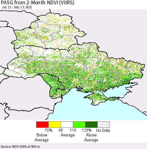 Ukraine, Moldova and Belarus PASG from 2-Month NDVI (VIIRS) Thematic Map For 9/6/2021 - 9/13/2021