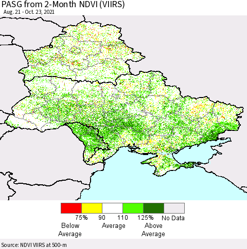 Ukraine, Moldova and Belarus PASG from 2-Month NDVI (VIIRS) Thematic Map For 10/16/2021 - 10/23/2021