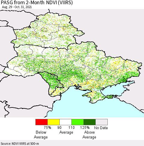 Ukraine, Moldova and Belarus PASG from 2-Month NDVI (VIIRS) Thematic Map For 10/24/2021 - 10/31/2021